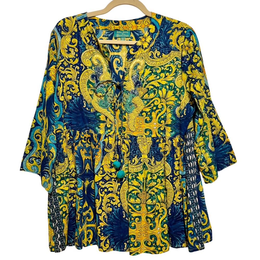 Antica Sartoria By Giacomo Cinque 100%‎ Cotton Tunic Top Beaded Details Size OS